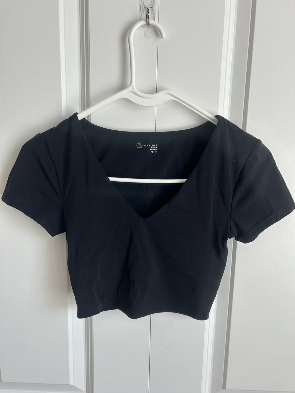 Offline Real Me Black V-Neck Short Sleeve Crop Top With Built in Bra